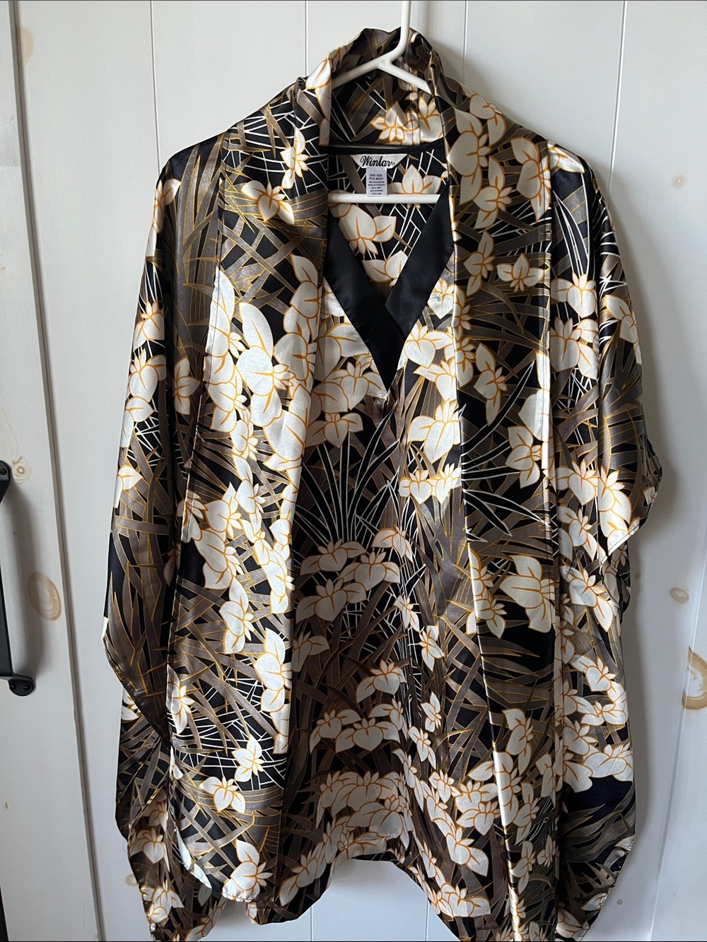 Winlav Floral Satin Kimono Jacket in Black and Cream with Gold Accents